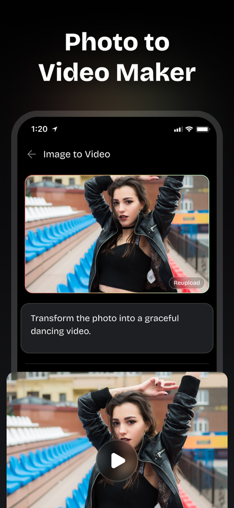 Text To Video AI - Vixora - Smartphone screen showing the Vixora app interface converting a portrait photo into a video using a text prompt