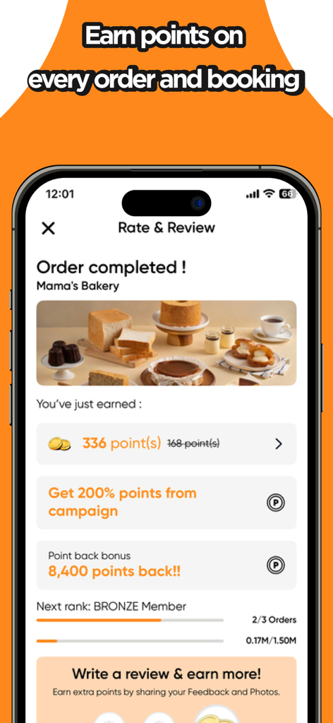 A smartphone screen displaying the rewards and points earned after completing a food delivery order on the Capichi app.