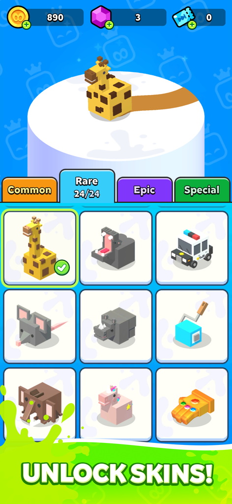 Écran de jeu Paper.io 2 montrant des skins rares d'animaux et d'objets disponibles à débloquer