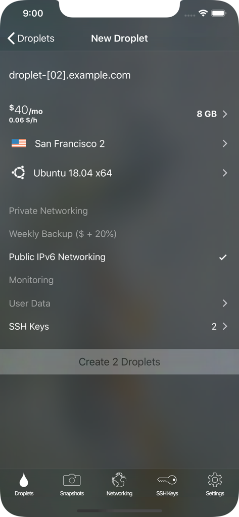 Manager for Digital Ocean - A screen for creating a new cloud server droplet in the Digital Ocean manager app showing configuration options