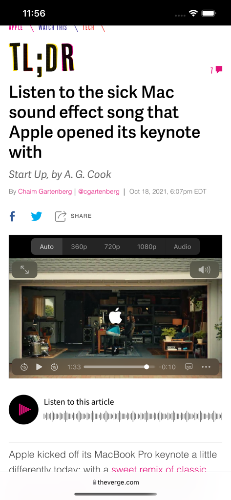 Vinegar Safari extension replacing a YouTube player with a minimalist HTML video interface including quality selection buttons