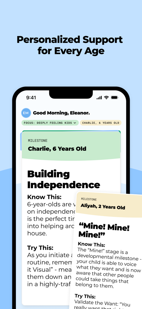 Good Inside: Parenting - Good Inside app interface showing personalized parenting advice and developmental milestones for children of different ages