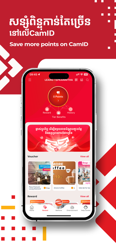 CamID: Metfone SuperApp - CamID Metfone SuperApp loyalty rewards interface showing points and vouchers