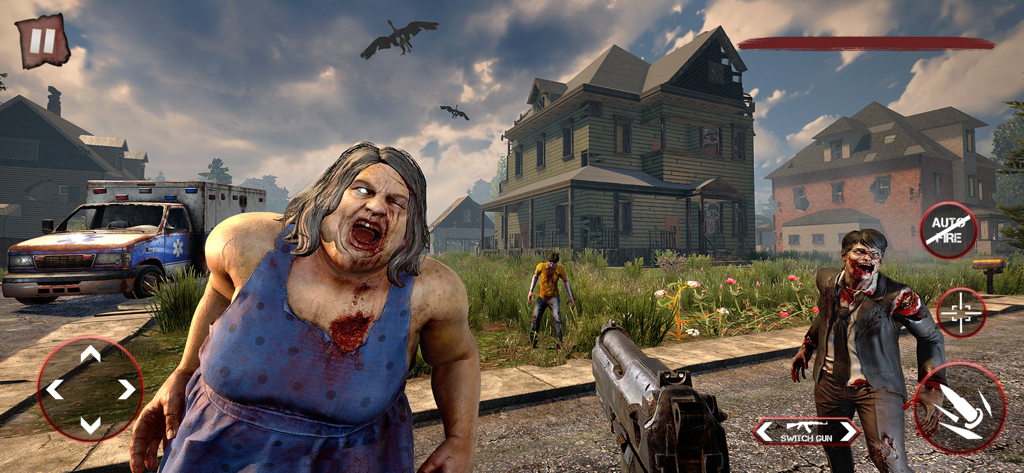 First person shooter gameplay showing zombies attacking the player in a suburban setting