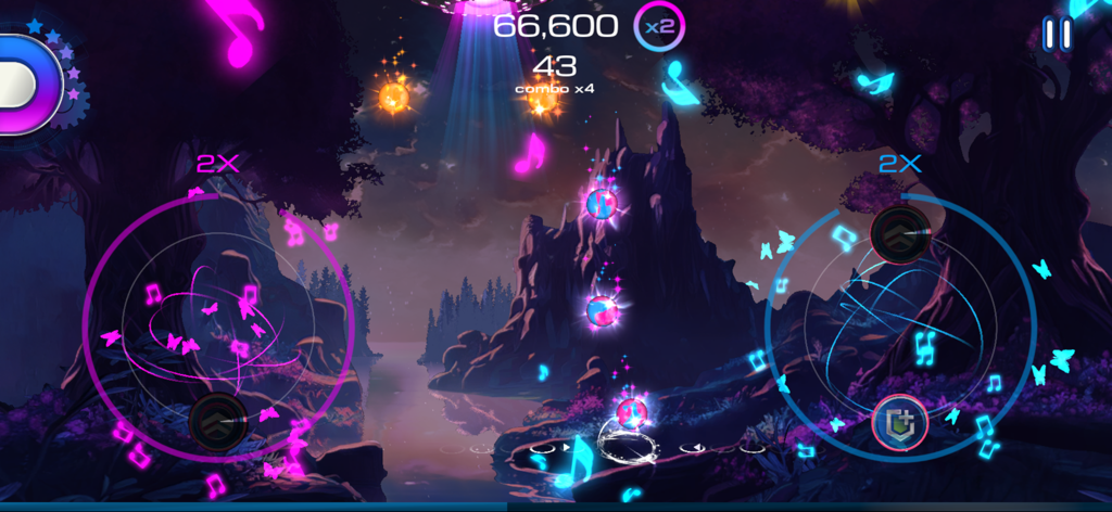 Ginst - Music Game - Arcade mode gameplay of Ginst music game with neon notes and mountain scenery