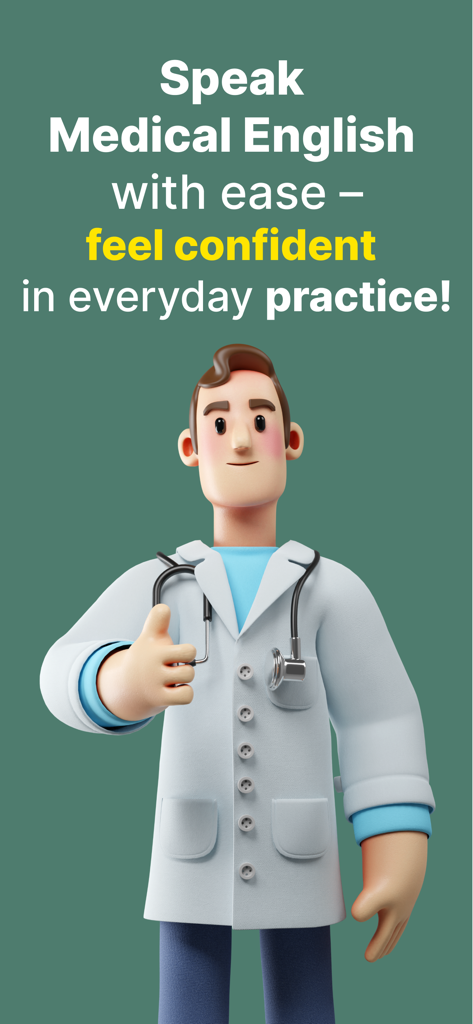 A 3D cartoon doctor giving a thumbs up with text about speaking medical English with confidence.