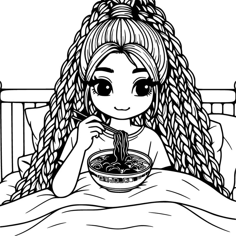 girl with long box braids eating ramen in bed