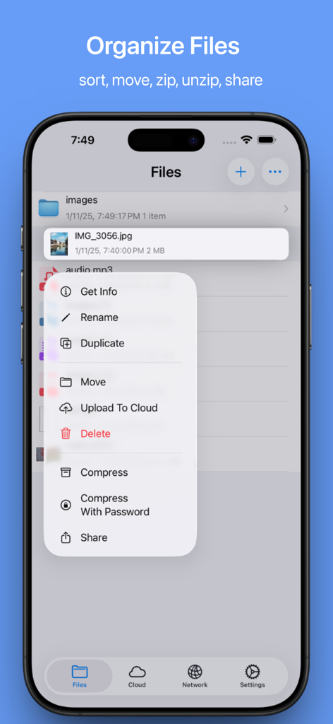 MyFiles - File Manager Browser - Interface do aplicativo MyFiles em um iPhone mostrando opções de gerenciamento de arquivos como renomear, mover e compactar para uma imagem salva