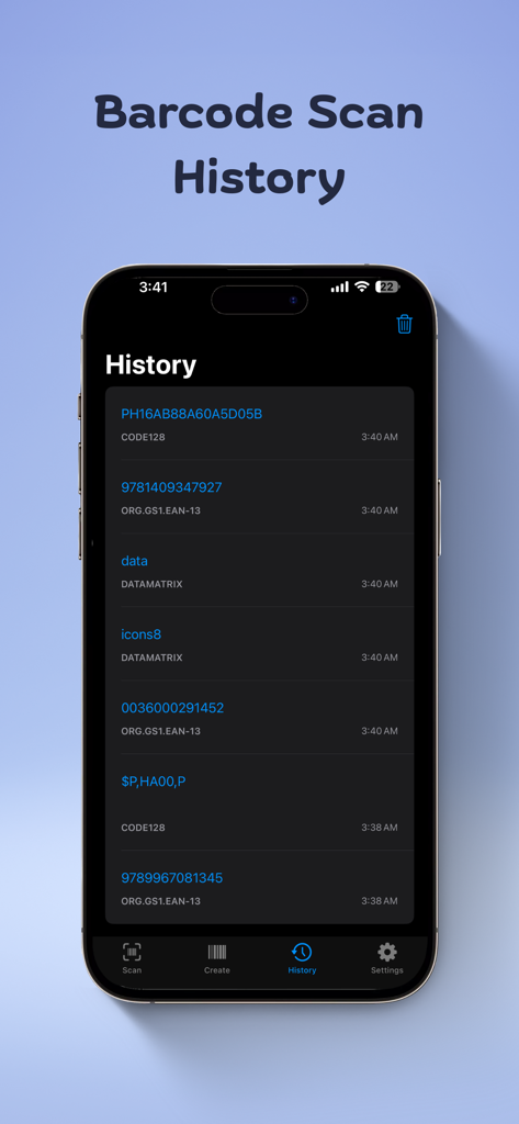 Barcode Scanner+ Generator Pro - Pantalla del iPhone mostrando el registro del historial de escaneo con varios formatos de códigos de barras y marcas de tiempo en la aplicación Barcode Scanner and Generator Pro.