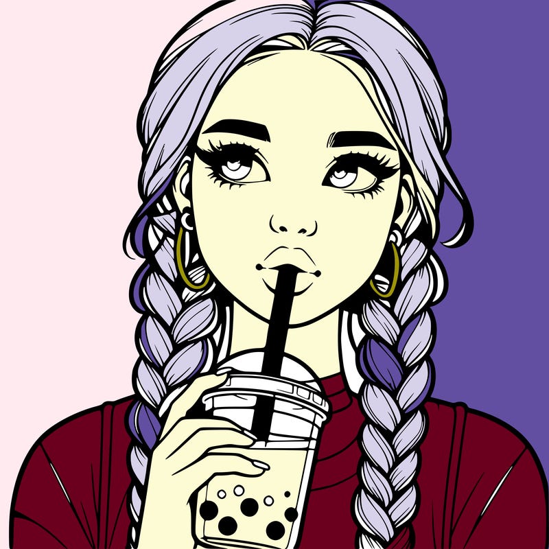 realistic girl with braided hair drinking boba