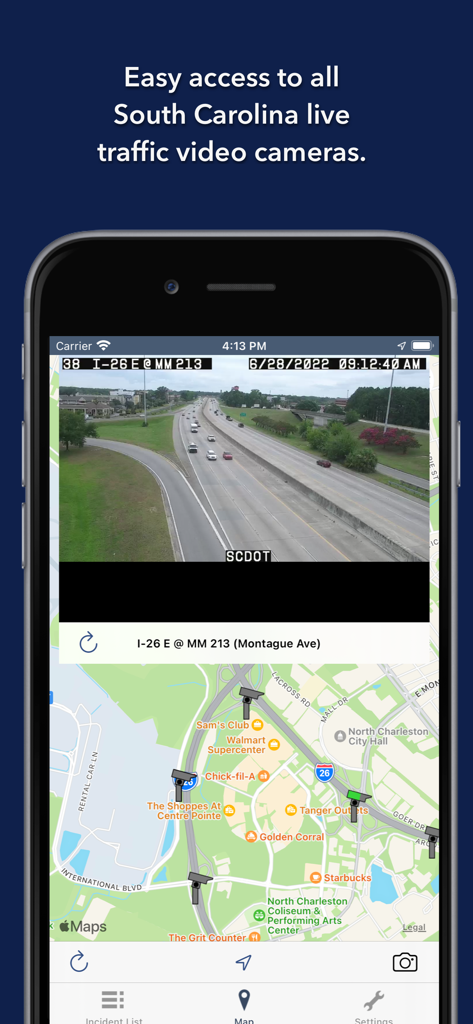 South Carolina State Roads app showing a live traffic camera feed of the I-26 highway and a local map with camera icons