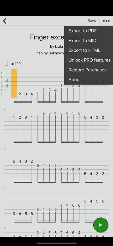 Guitar Tabs X - tabs editor - Guitar Tabs X interface showing a guitar tablature and the export menu with PDF and MIDI options