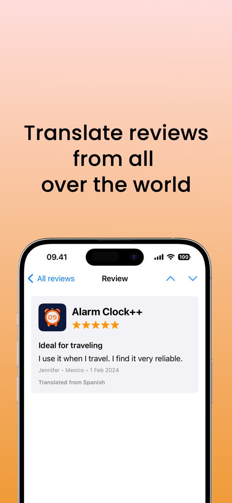 Five Stars: Reviews & Ratings - A mobile app screen showing a translated user review from Spanish to English using the Five Stars app translation feature.