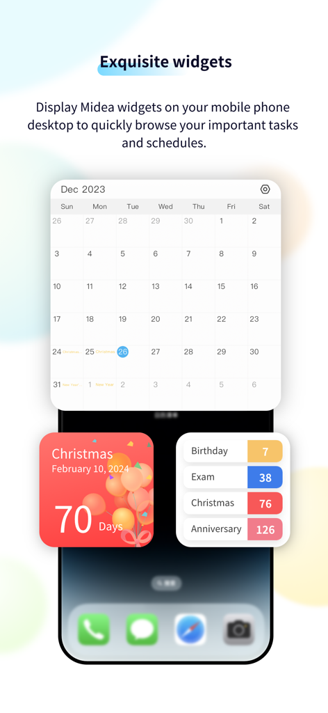 Ein mobiler Startbildschirm mit anpassbaren Kalender- und Countdown-Widgets für Geburtstage und Prüfungen.