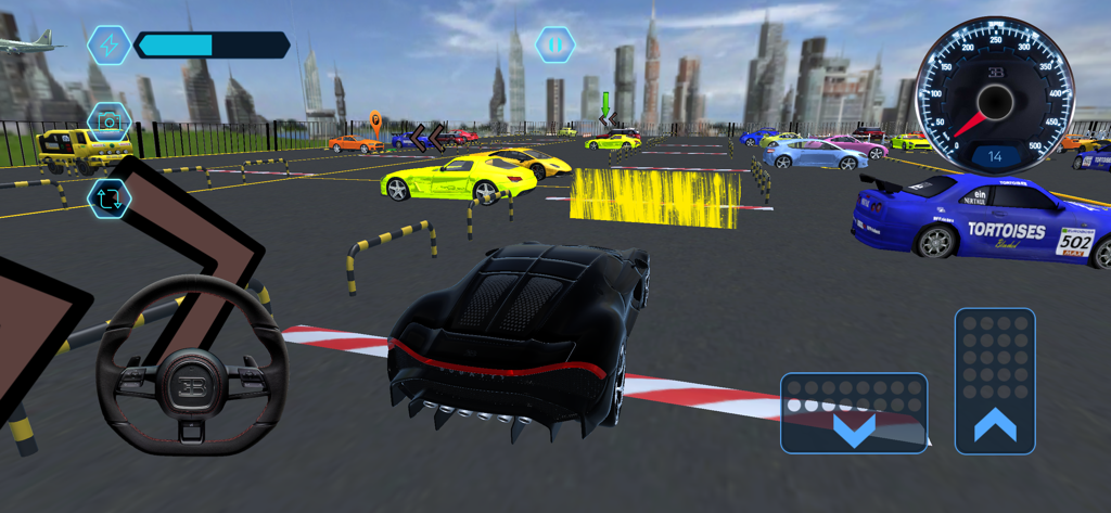 Bugatti Parking - Un'ipercar Bugatti nera che si muove in un affollato parcheggio cittadino in un gioco di simulazione 3D.