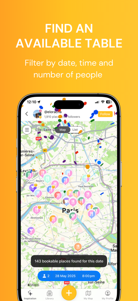 Mapstr – Save & Follow Places - Mapstr app interface showing a map of Paris with restaurant pins and a filter to find available tables by date and time