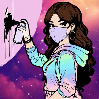 realistic girl with mask spray painting a wall