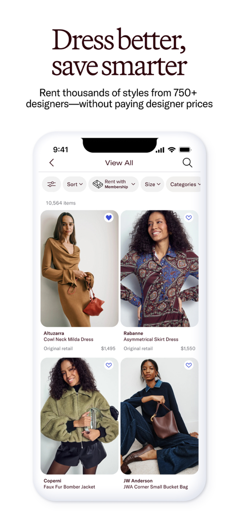 Rent the Runway (RTR) - Rent the Runway mobile app showing a collection of designer dresses and jackets with rental pricing