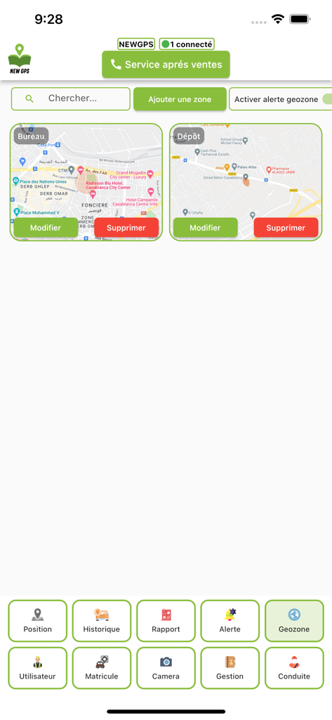 Bildschirm zur Verwaltung von Geozonen in der NEUES GPS-App, der Büroumgebungs- und Lagerstandorte auf einer Karte zeigt.