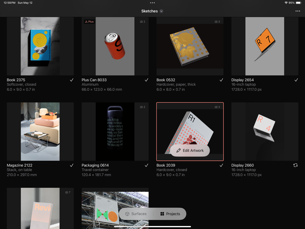 LiveSurface Vision - Interface of LiveSurface Vision showing a gallery of various 3D design mockups like books and laptops.