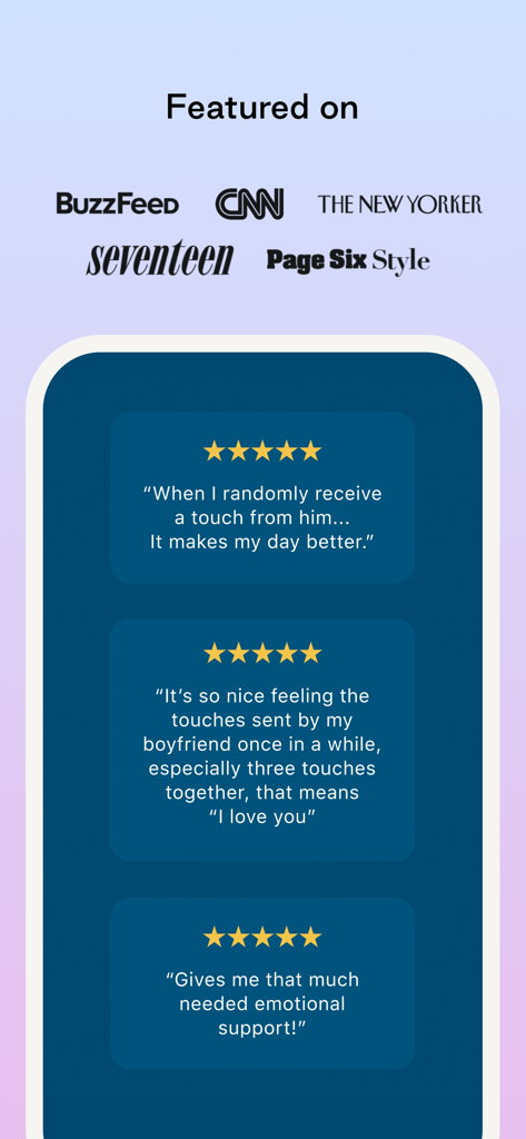 Captura de pantalla de la aplicación Bond Touch que muestra críticas positivas de usuarios y reportajes de medios como BuzzFeed y CNN