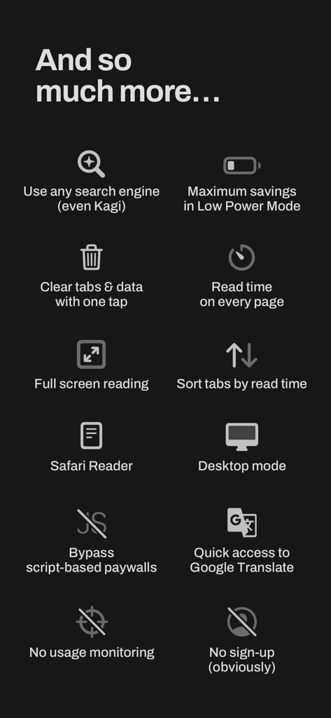 Quiche Browser - A list of advanced privacy and customization features for Quiche Browser including Kagi search and no sign-up