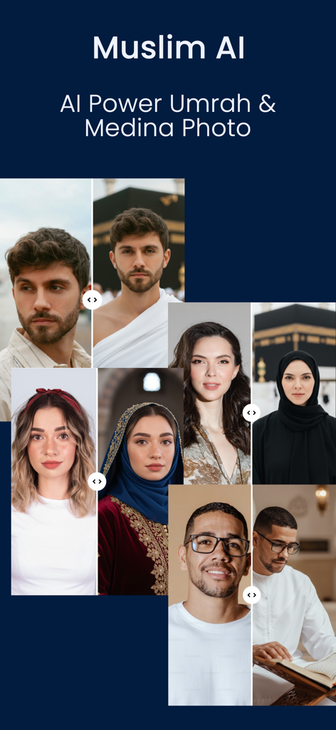 Muslim AI Prayer Times Athan - AI feature transforming portraits into Islamic attire for Umrah and Medina