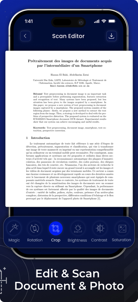 Interface do aplicativo para iPhone mostrando o editor de digitalização com ferramentas de edição de documentos como cortar e brilho