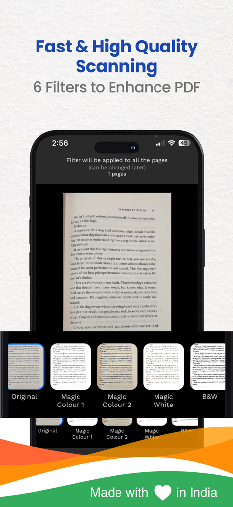 Kaagaz PDF Scanner & Compress - Smartphone screen showing Kaagaz PDF scanner with various filters like Magic Colour and B&W to enhance document quality
