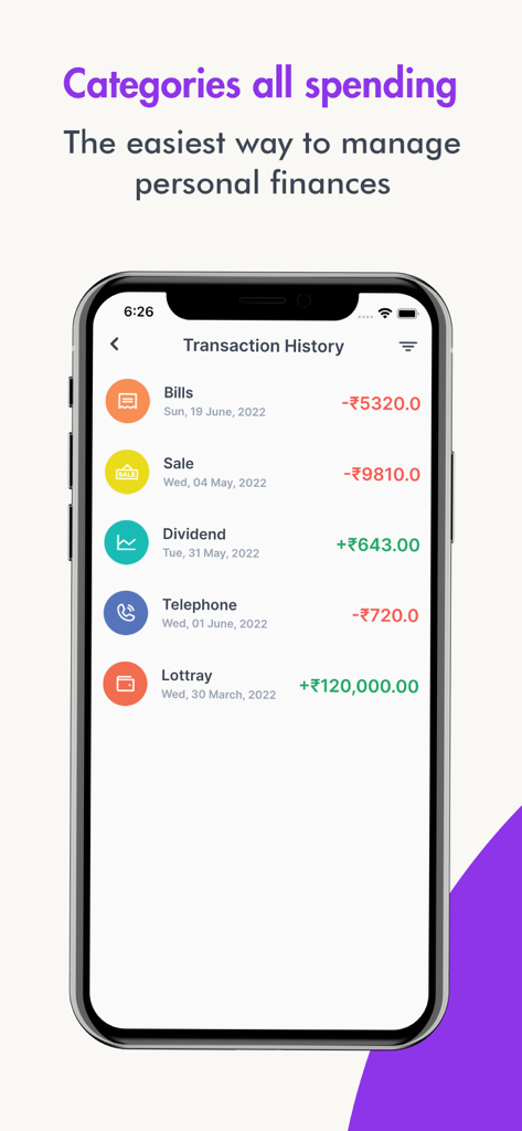 Money Manager: expense, budget - Transaction history screen showing categorized income and expenses with dates and amounts