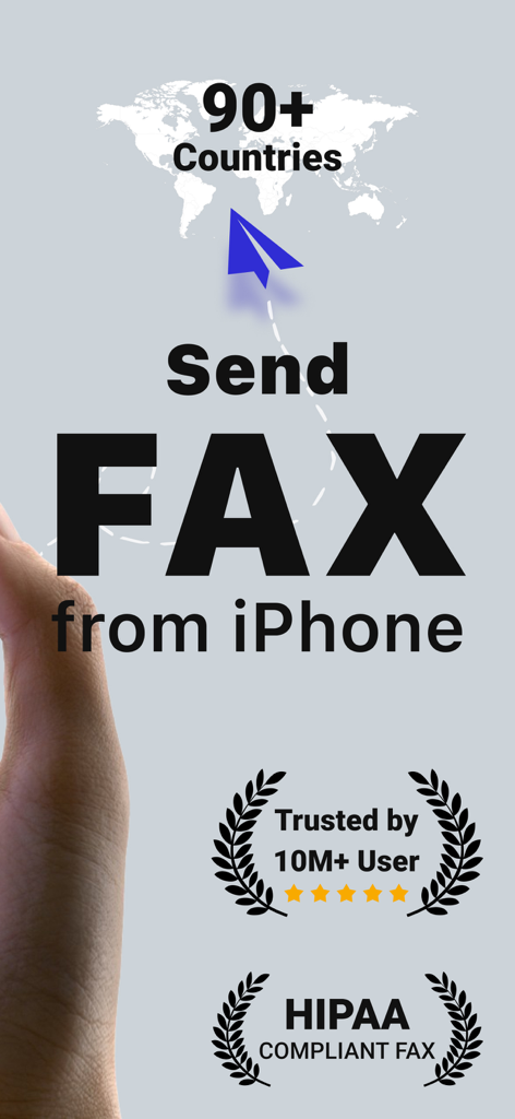 Promotional banner for Fax from iPhone app highlighting global faxing and HIPAA compliance