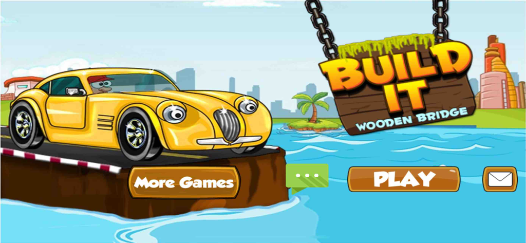 Main menu screen of Build It Wooden Bridge puzzle game with a yellow cartoon car parked at a water gap