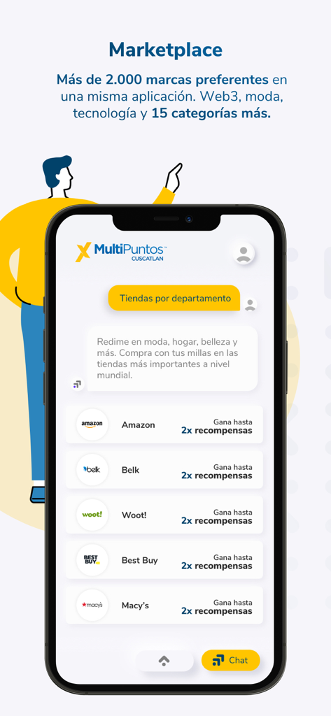 MultiPuntos CUSCATLAN - A marketplace screen in the MultiPuntos CUSCATLAN app showing major retail partners like Amazon and Best Buy for earning rewards.
