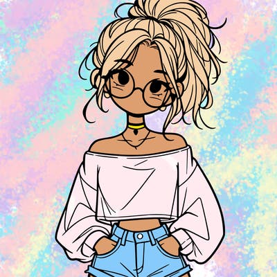 girl with a messy ponytail glasses a baggy crop top and jean shorts