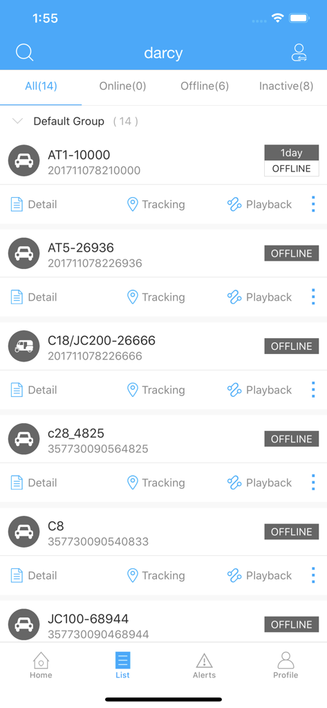 Tracksolid Pro - Interfaz de la aplicación Tracksolid Pro mostrando una lista de vehículos y activos rastreados en una flota