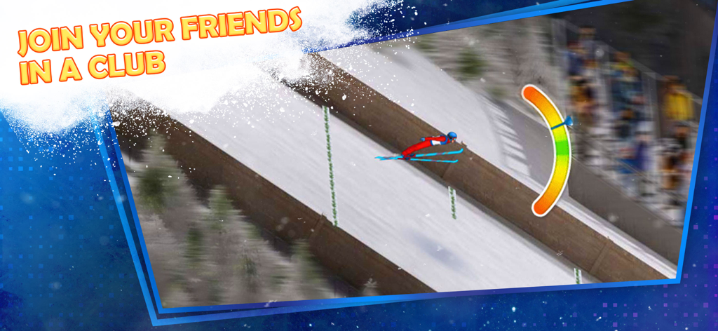Ski Jump Mania 3 s2 - A ski jumper in mid-air with a text overlay promoting joining a club with friends.