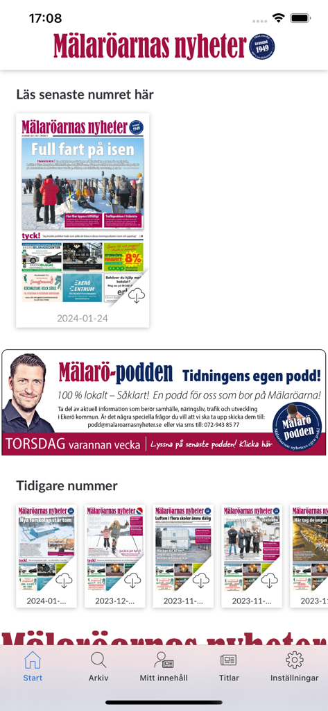 Mälaröarnas nyheter - Interfaccia dell'app mobile Mälaroarnas nyheter che mostra le ultime edizioni di notizie digitali e un banner per il podcast locale