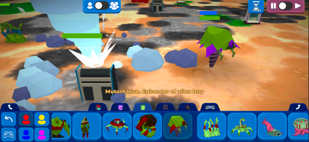 MoonBox - A gameplay screenshot of MoonBox showing an alien creature and a tornado in a desert environment