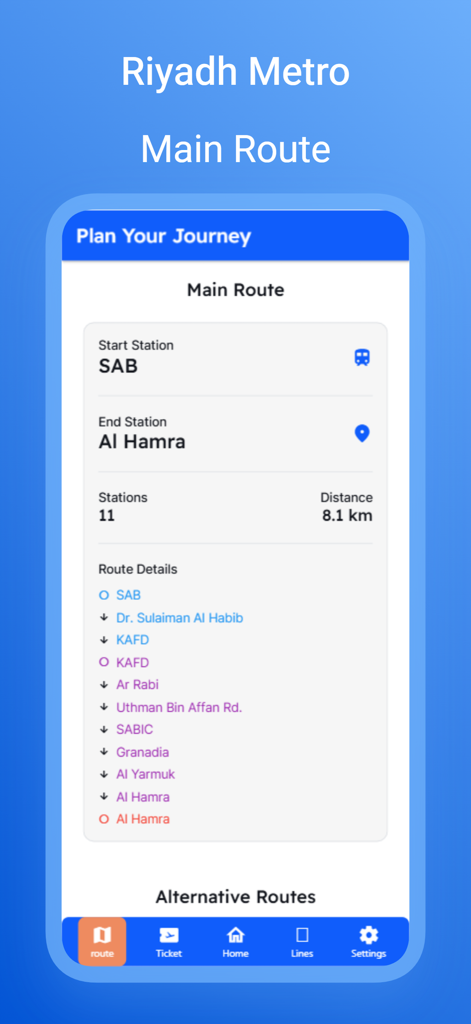 Interface of the Riyadh Metro Guide app showing a planned route from SAB to Al Hamra station with distance and stops