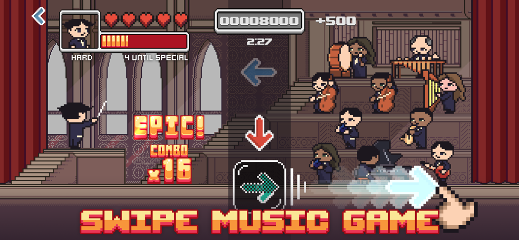 Jogabilidade de Epic Orchestra mostrando um maestro em pixel art liderando músicos com comandos de ritmo por deslize.