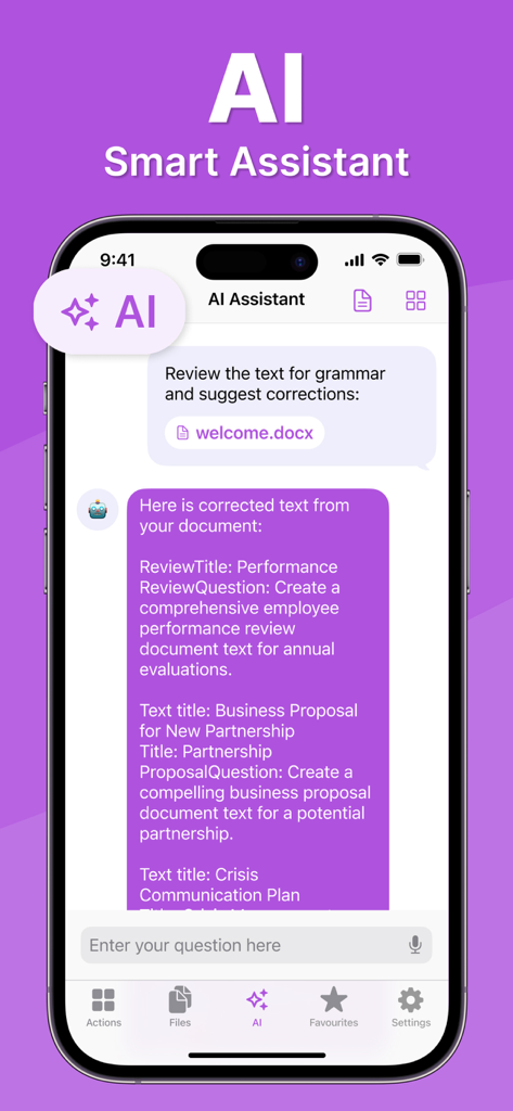 Asistente Inteligente de IA en la aplicación Office 7 revisando un documento de Word y sugiriendo correcciones de texto