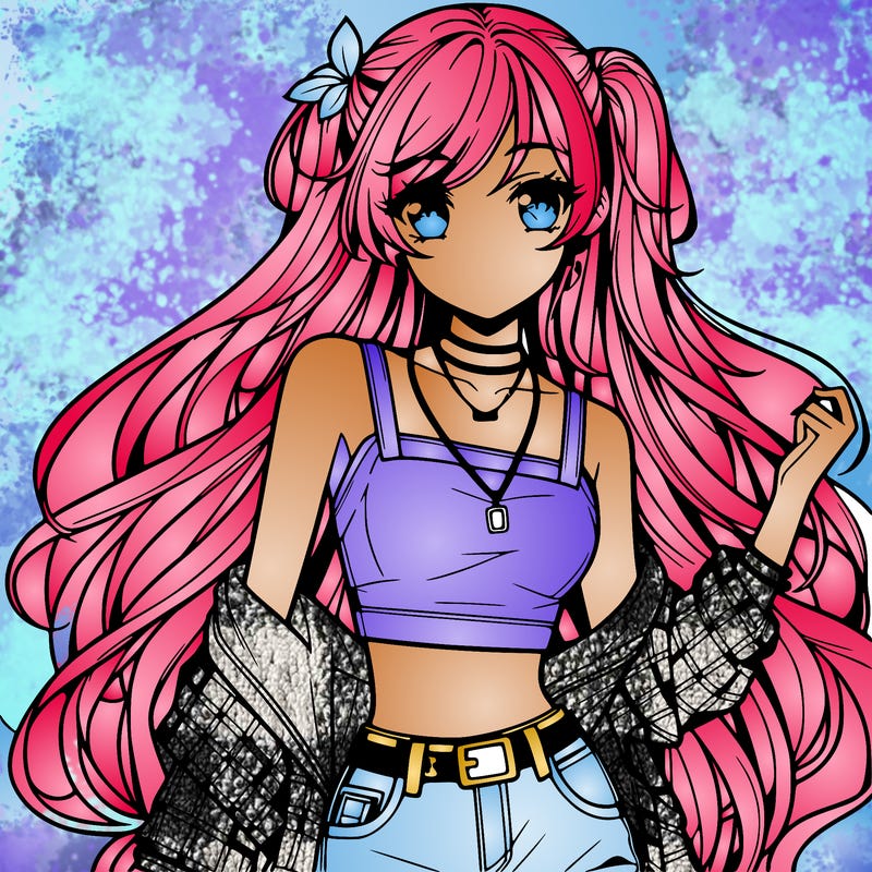 hot anime girl with long hair wearing a crop top and jorts