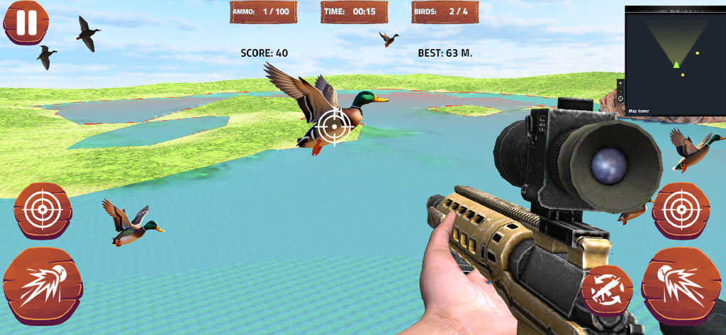 Pheasant Bird Hunting Game 3D - A first person view of the Pheasant Bird Hunting Game 3D showing a sniper rifle aiming at ducks flying over water.