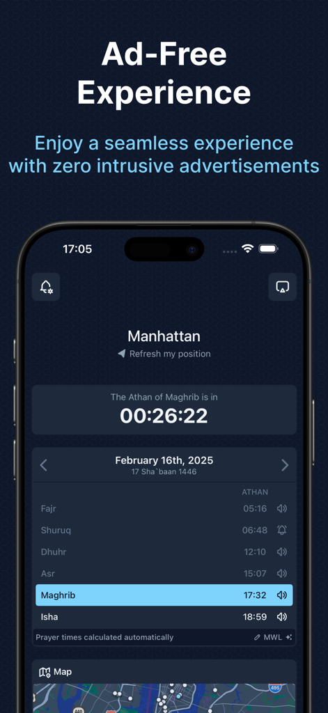 Masjidbox One - Masjidbox One app displaying ad free prayer times for Manhattan with a countdown to Maghrib
