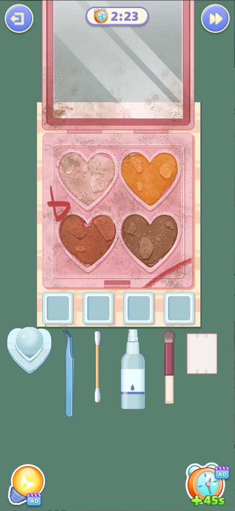 Tidy Beauty - ASMR Master - Cleaning and organizing a heart shaped eyeshadow palette with beauty tools in a mobile puzzle game.