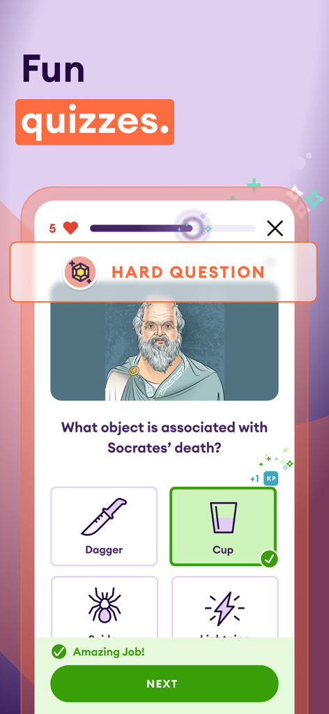 Interfaz de la aplicación Yuno que muestra una divertida pregunta de cuestionario de historia sobre Sócrates.