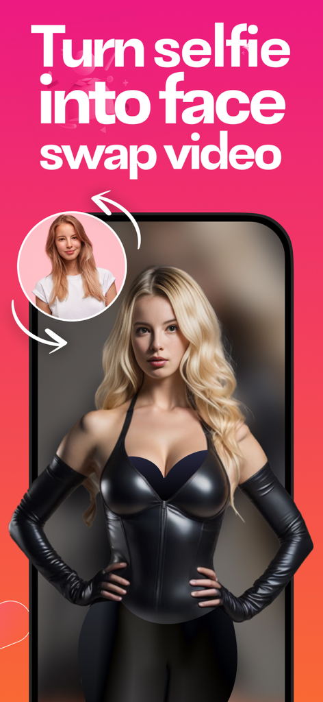 A smartphone screen showing a woman's selfie being swapped onto a character in a video using AI technology
