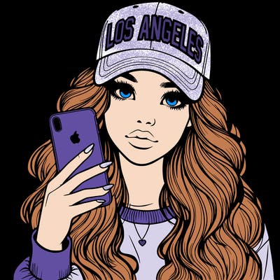 realistic beautiful girl wearing los ángeles cap holding an iphone
