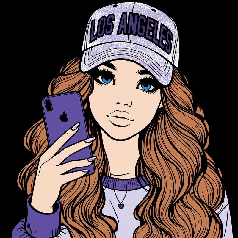 realistic beautiful girl wearing los ángeles cap holding an iphone