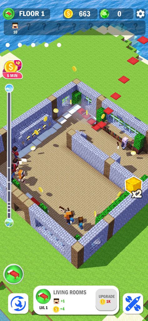 Tower Craft 3D - Idle Building - Juego de Tower Craft 3D que muestra el primer piso, sala de estar y la interfaz de mejora